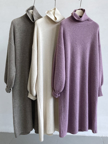 Urban Loose Purple High-Neck Long Puff Sleeve Sweater Dress AN1052