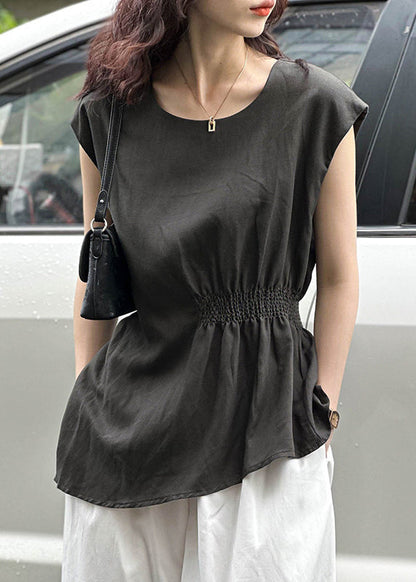 Dark Gray Side Open Cotton Top O Neck Sleeveless AF1026