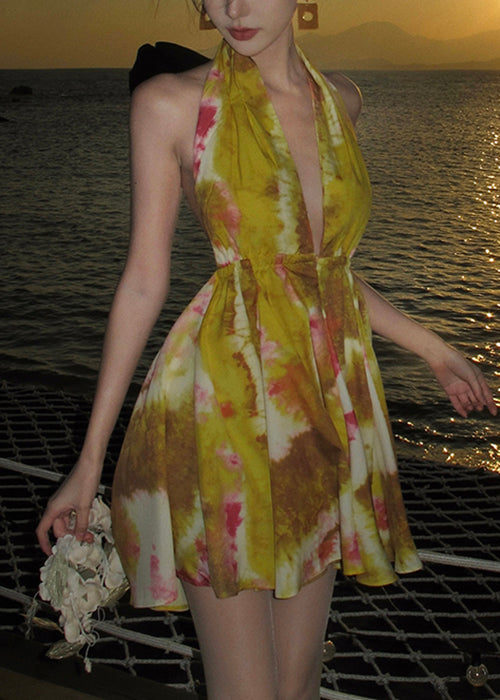 Dresses Up Chiffon Yellow Mini Print Stylish Lace Backless