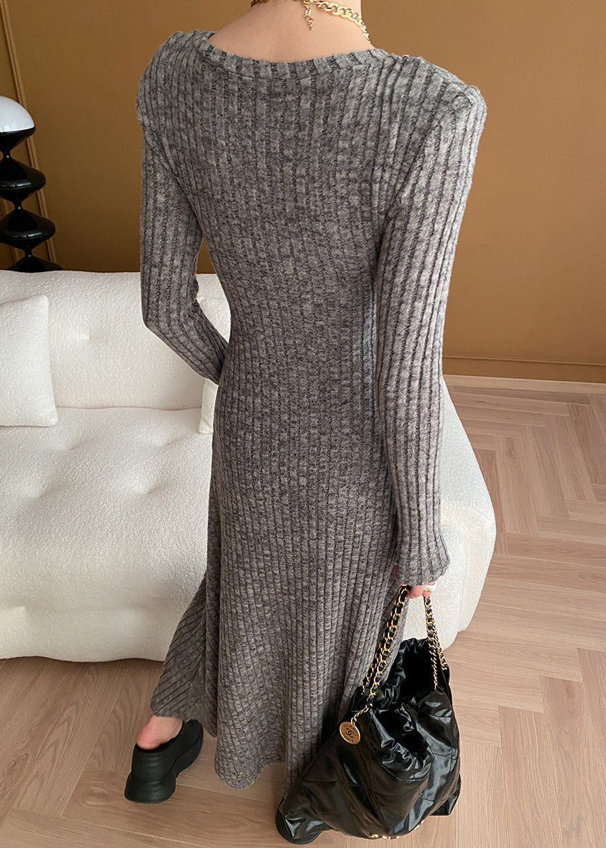 Nouvelle robe pull en tricot de coton à boutons et col en V gris à manches longues AF1056 