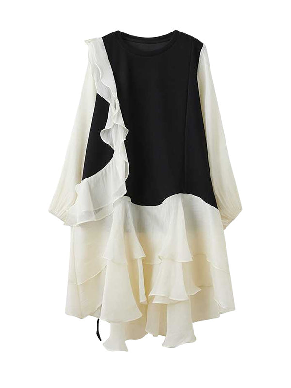 Schickes schwarzes Patchwork-Kleid mit Rundhalsausschnitt, kontrastfarbenem Rüschenbesatz und High-Low-Langarm TW019 