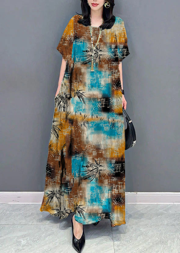 Bohemian black texture O Neck Pockets Print Patchwork Silk Long Dresses Summer TT1032