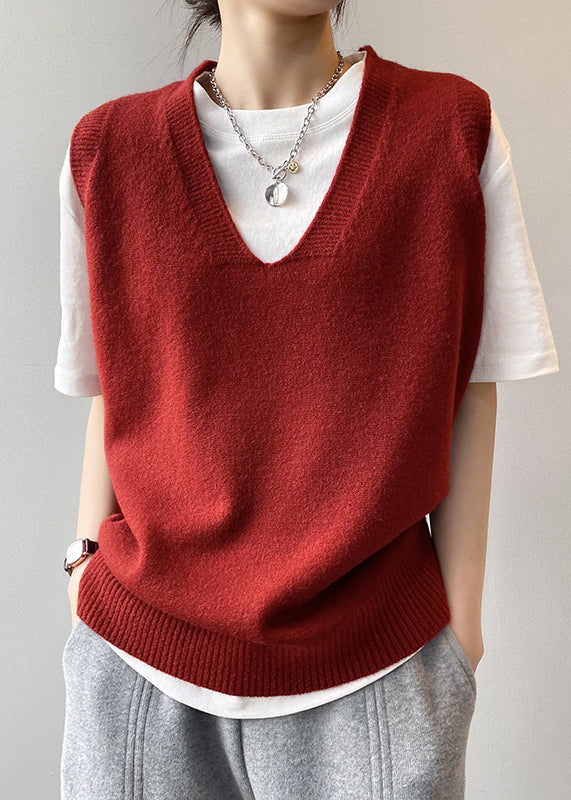 Simple Red V Neck Versatile Knit Vest Sleeveless WD023