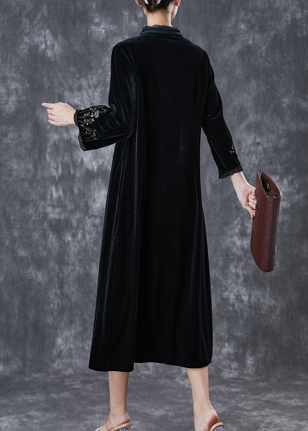 Bohemian Black Embroideried Ruffled Silk Velour Dress Spring