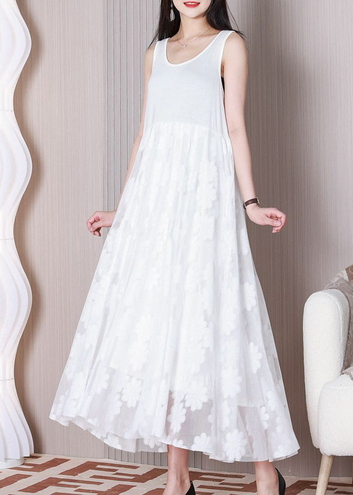 Robe en coton patchwork en tulle blanc à col rond pour l'été TT1026 