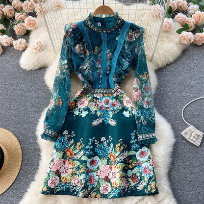 French Green High Neck Lace Stitching Beaded Floral Print Long Sleeve Dress AR1014