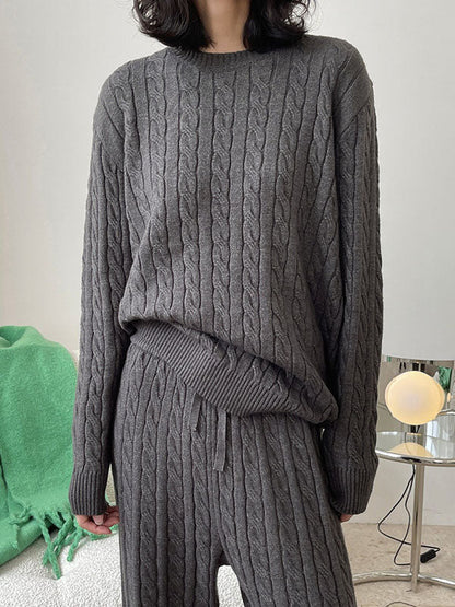 Simple Grey Round-Neck Long Sleeve Jacquard Twist Knit Top AN1060