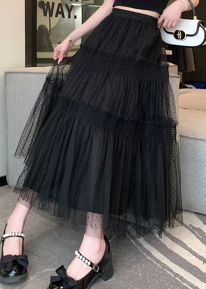 Women Black Ruffled Patchwork Elastic Waist Tulle Skirt Summer TT1006