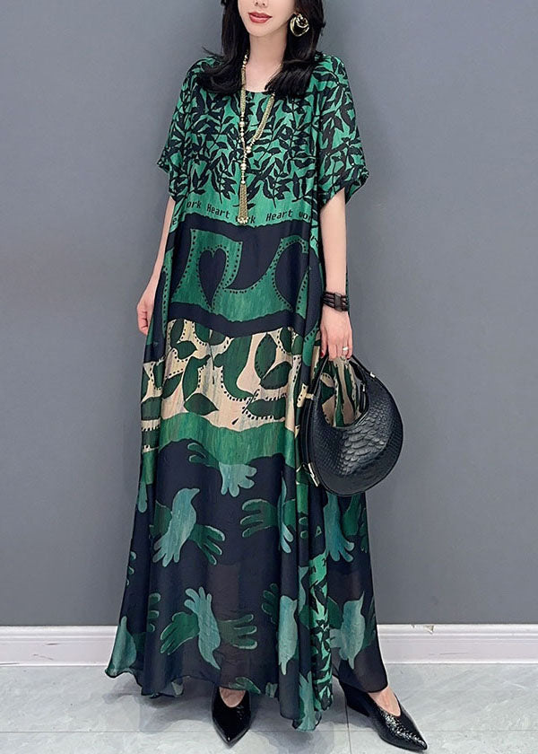 Bohemian black texture O Neck Pockets Print Patchwork Silk Long Dresses Summer TT1032