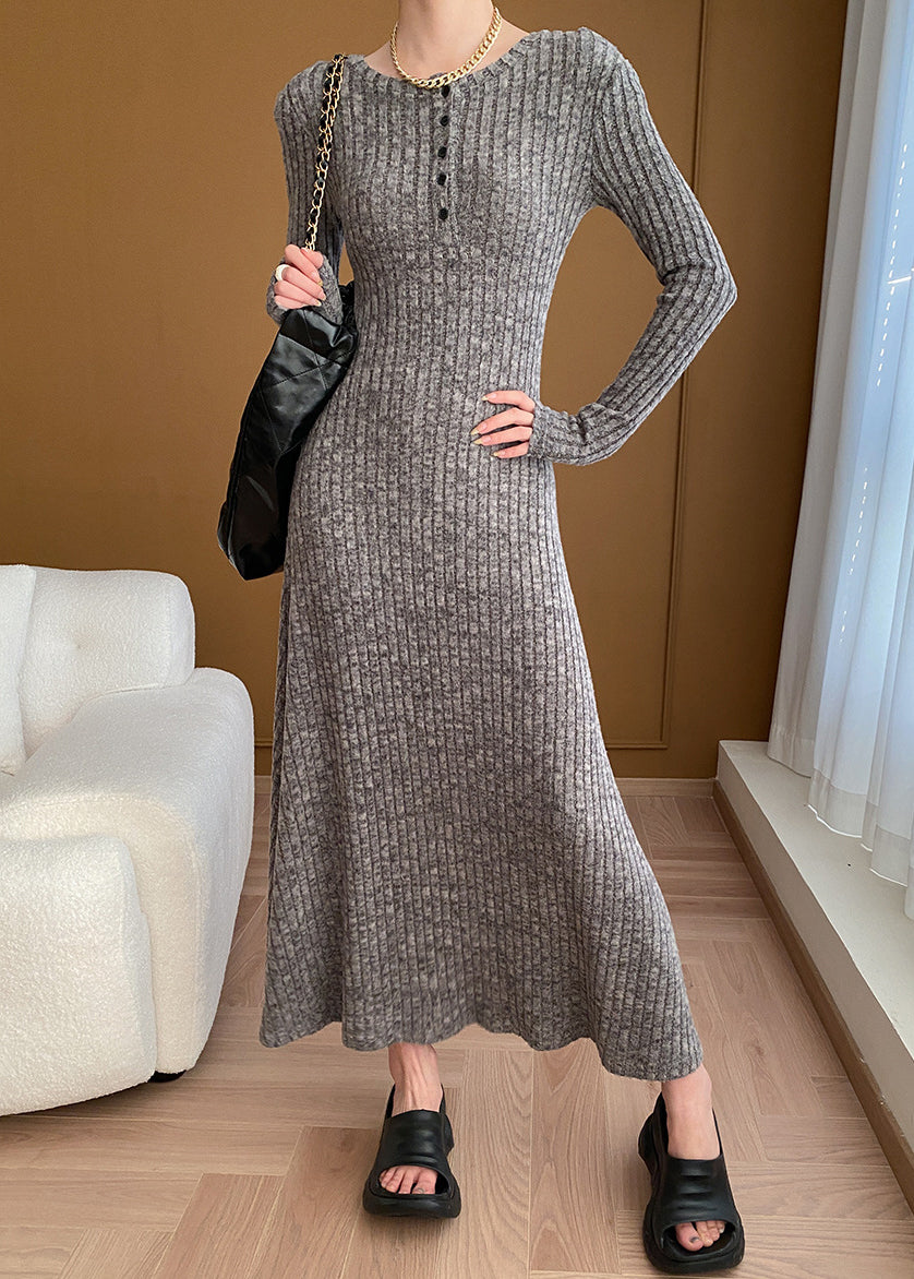 Nouvelle robe pull en tricot de coton à boutons et col en V gris à manches longues AF1056 