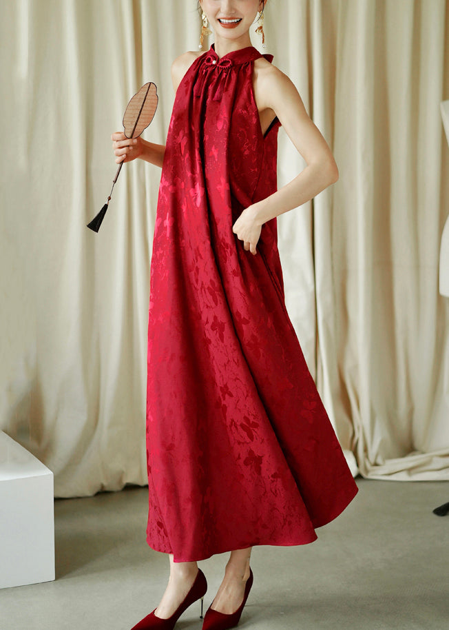Cotton Sleeveless Jacquard Bow Maxi Red Loose Dresses