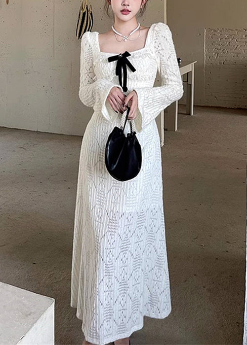 Robes carrées creuses en coton blanc à col long, élégantes et printanières 