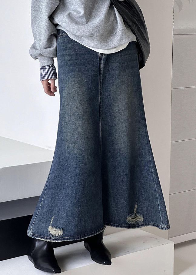 French Blue Hole High Waist Denim Maxi Skirts Fall AF1019