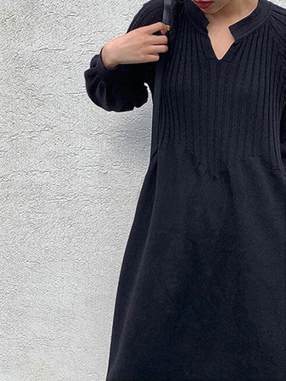 Causal Loose Grey V-Neck Pleated Long Puff Sleeve Knit Dress AN1038