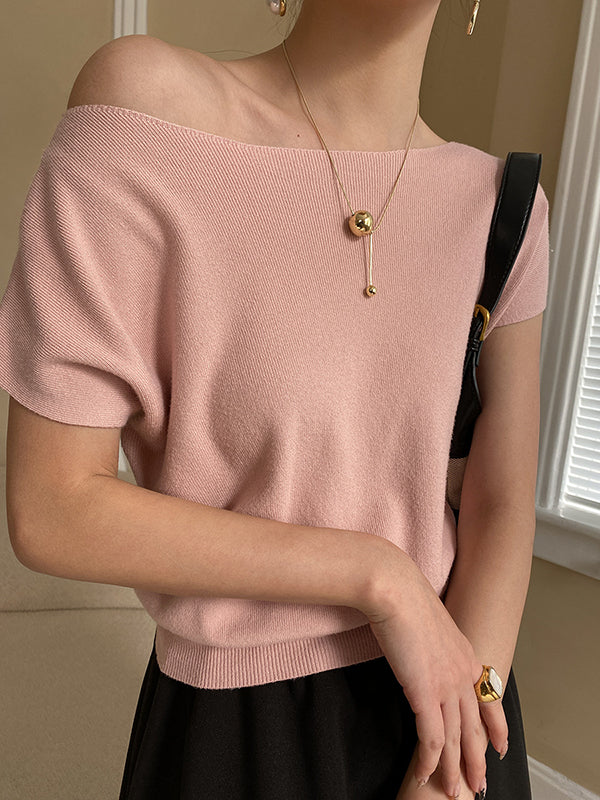 Haut à manches courtes rose en tricot, col bateau ample et élégant