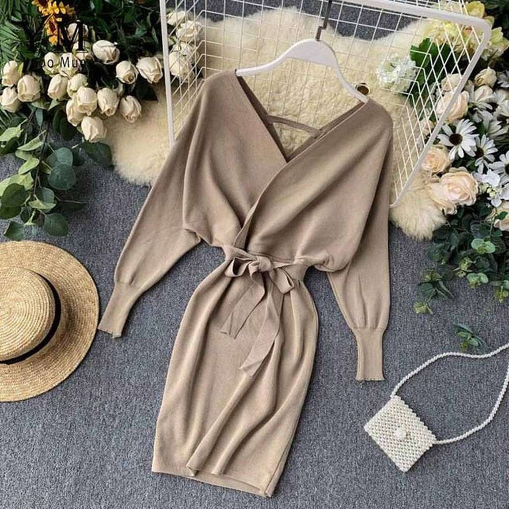 Elegant Beige V Neck Tie Waist Long Batwing Sleeve Dress AR1021