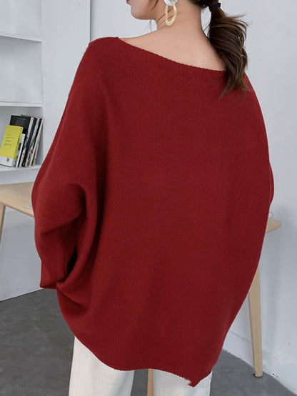 Loose Burgundy Round-Neck Long Sleeve Knit Top AN1071