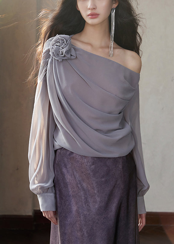 Chemise longue grise unie à manches asymétriques en mousseline de soie