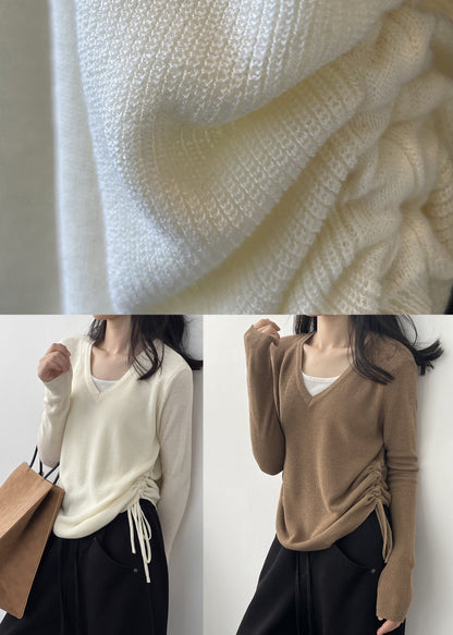 Coffee Cinched Knit Blouses V Neck Long Sleeve AF1092