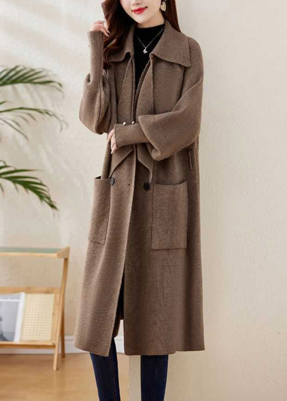 Elegant Grey Peter Pan Collar Tie Waist Knit Coats Winter WD028