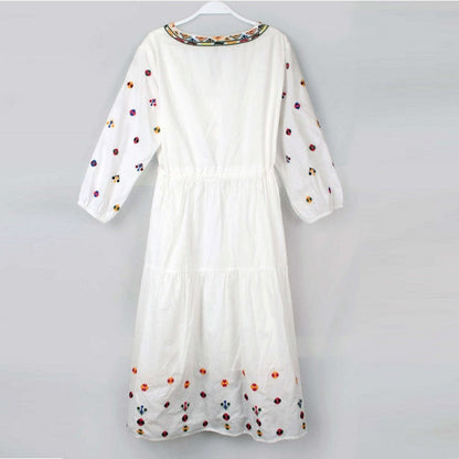 Boho White V-neck Floral Embroidery Lace-up Three-quarter Sleeves Dress AR1020