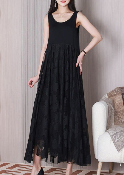 Women Black O Neck Patchwork Cotton Dresses Sleeveless TT1024