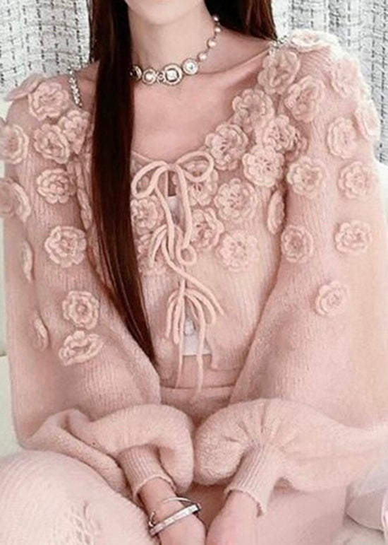 Beautiful Pink Floral Lace Up Knit Sweaters Fall RY014