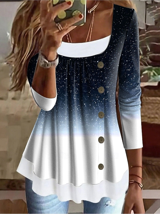 Women's T Shirt Patchwork Buttons Print Ombre Graphic