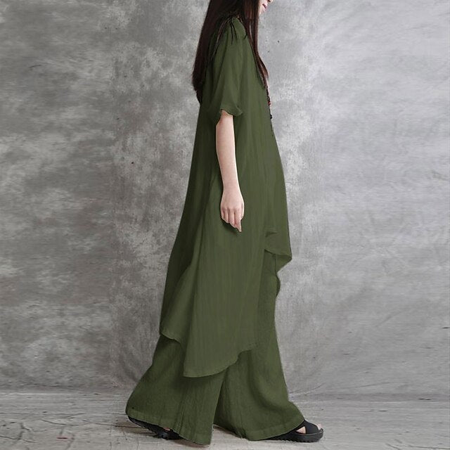 Women's Shirt Pants Sets Long Cotton Top Wide Leg Pants