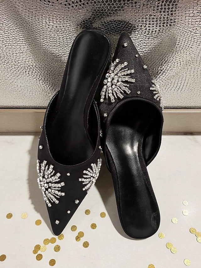 Satin Rhinestone with Toe Women's Pointed Mules Black