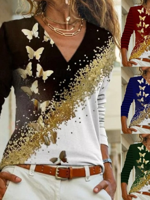 Women's Blouse Print Butterfly Stylish Modern Long Sleeve V