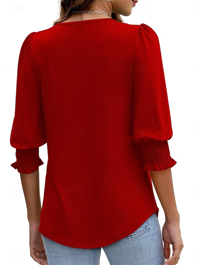 Women's Blouse Solid Color Stylish Casual 3/4 Length Sleeve