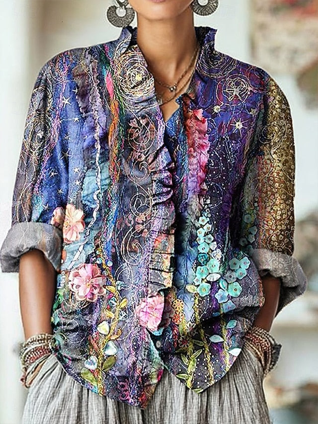 Women's Boho Shirt Ruched Ruffle Floral Graphic Elegant