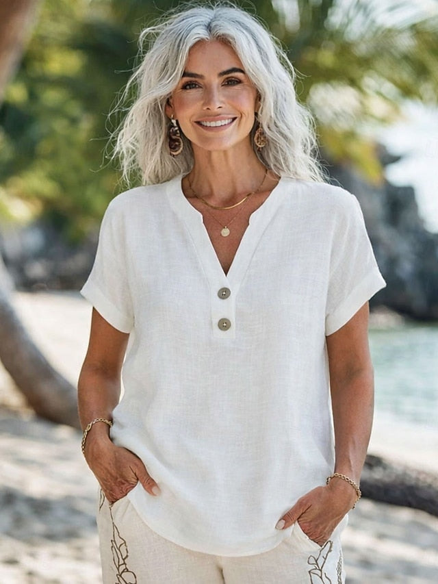 Women's Blouse Buttons Solid Color Stylish Casual Short