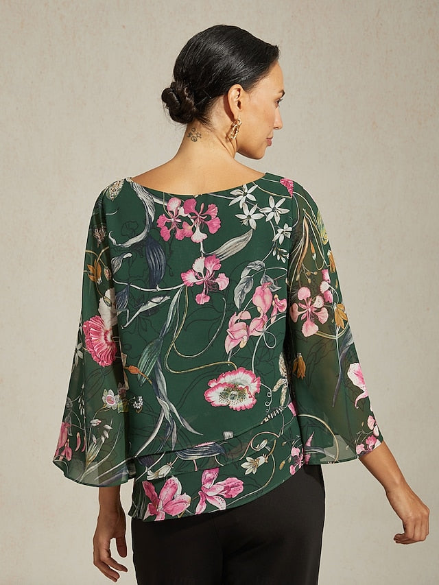 Women's Blouse Sheer Chiffon Green Floral Print Half Sleeve