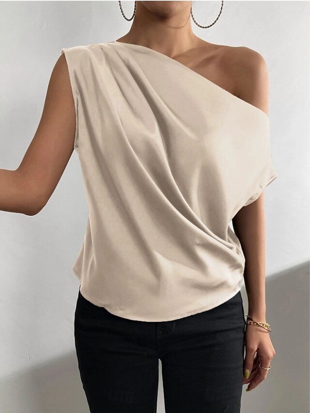 Women's Satin Tank T Shirt Tee Top Asymmetrical Plain