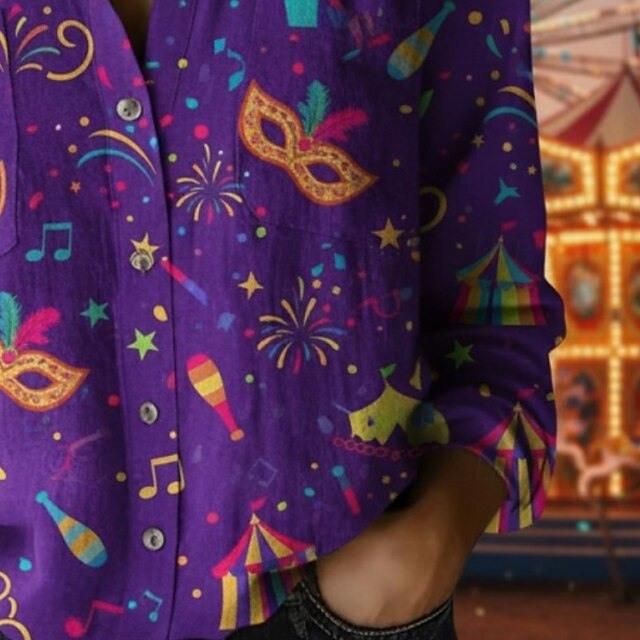 Carnival Mardi Gras Women's Shirt Boho Shirt Buttons Print