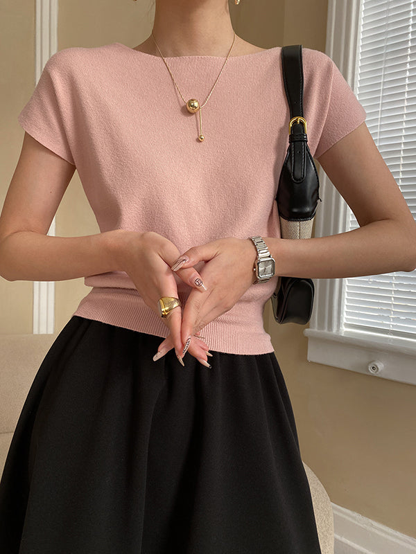 Haut à manches courtes rose en tricot, col bateau ample et élégant
