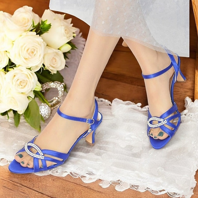 Dark Strappy Blue Women's Heels with Rhinestone Satin