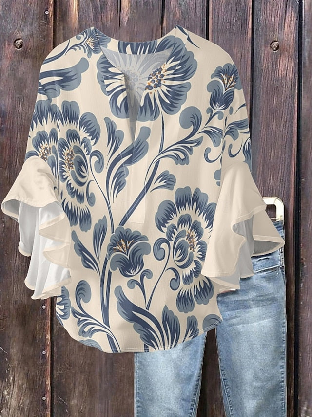 Women's Blouse Ruffle Print Floral Stylish Modern 3/4