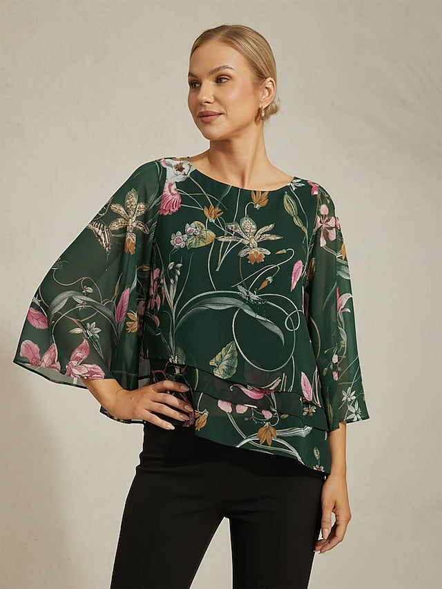 Women's Blouse Sheer Chiffon Green Floral Print Half Sleeve