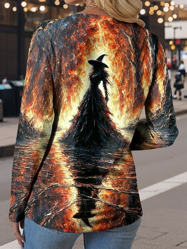 Women's T shirt Witch Long Sleeve Crew Neck Long Sleeve