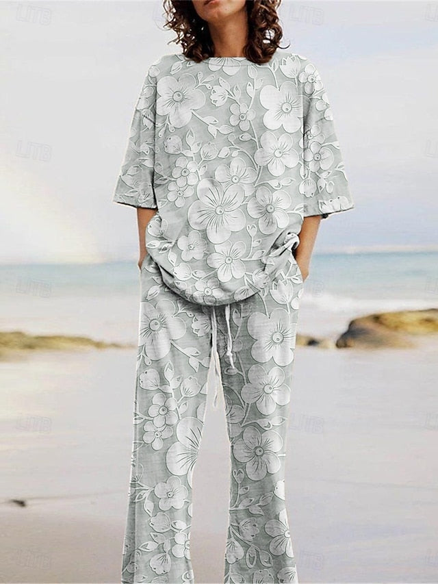 Women's Pants Sets 3/4 Length Sleeve Crew Neck Floral Print