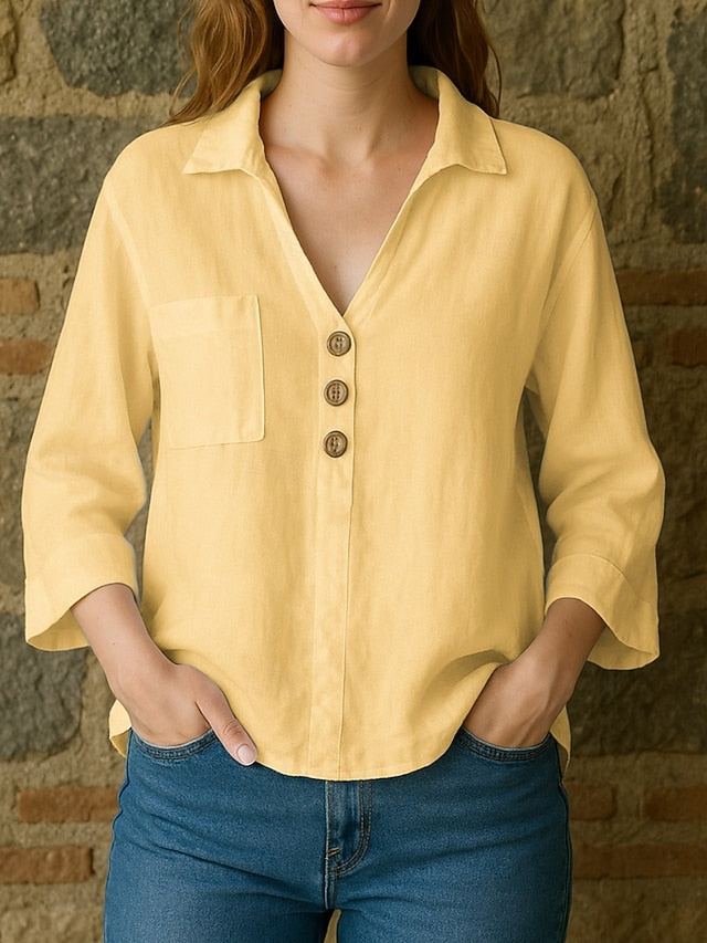 Women's Cotton Linen Shirts Pocket Buttons Plain Basic