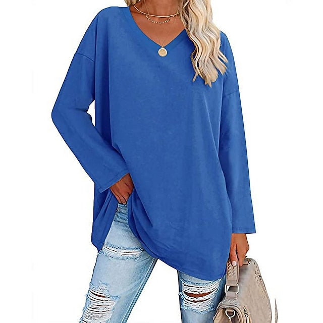 Women's T Shirt Plain Basic Long Sleeve V Neck Regular Tops