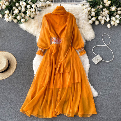 Retro Orange V Neck Splicing Embroidered Waistband Lantern Sleeve Dress AR1013