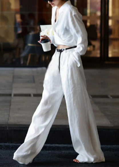 Natural White Peter Pan Collar High Waist Linen Shirts And Pants Two Pieces Set Long Sleeve AN1032