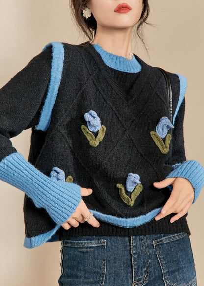 Casual Blue O-Neck Patchwork Cotton Knit Sweaters Winter WV005