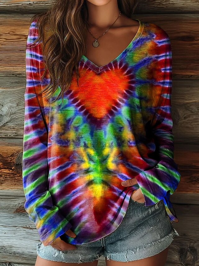 Women's T Shirt Print Heart Graphic Tie Dye Bohemia Vintage