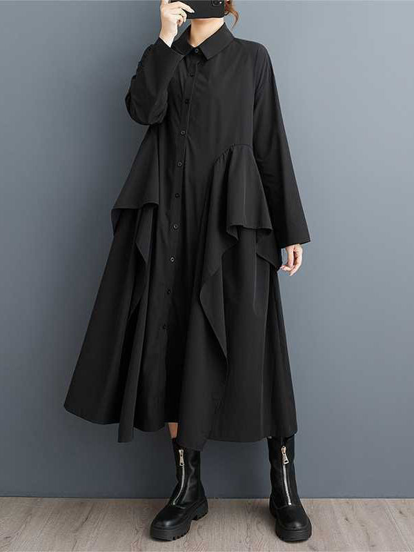 Robe noire unique à manches longues et revers boutonnés, bordure à volants et patchwork TW018 